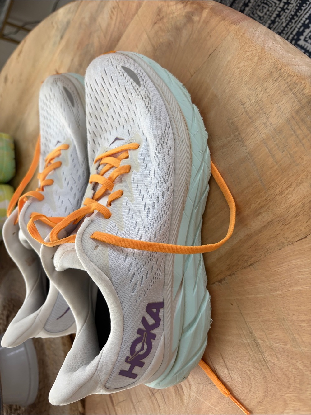 Hoka Women's White Running Sneakers with Orange Laces and Mint Sole